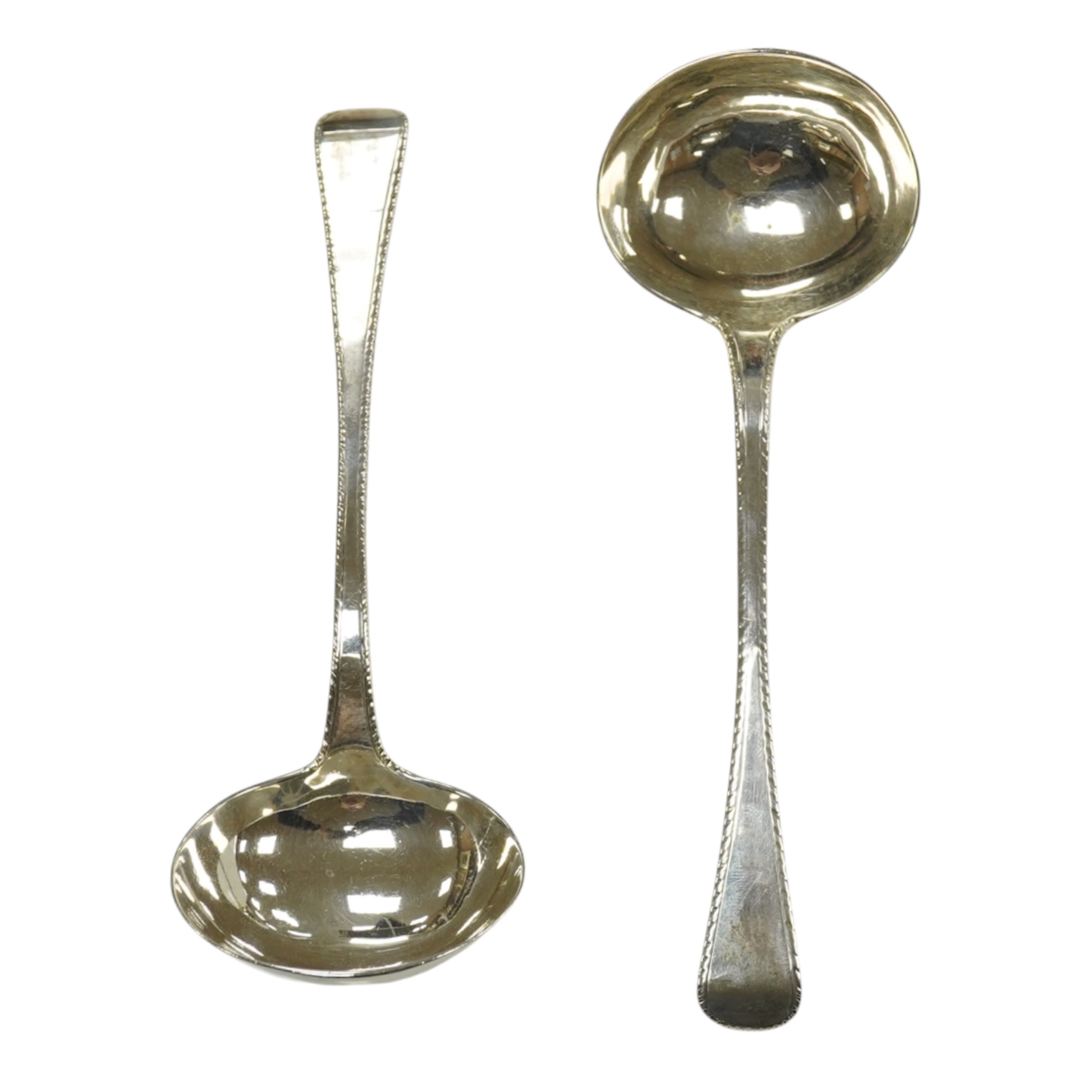 A pair of Victorian silver Old English feather edge pattern sauce ladles, John Robert Harris, London, 1848, 18.1cm, 3.8oz. Condition - fair/good